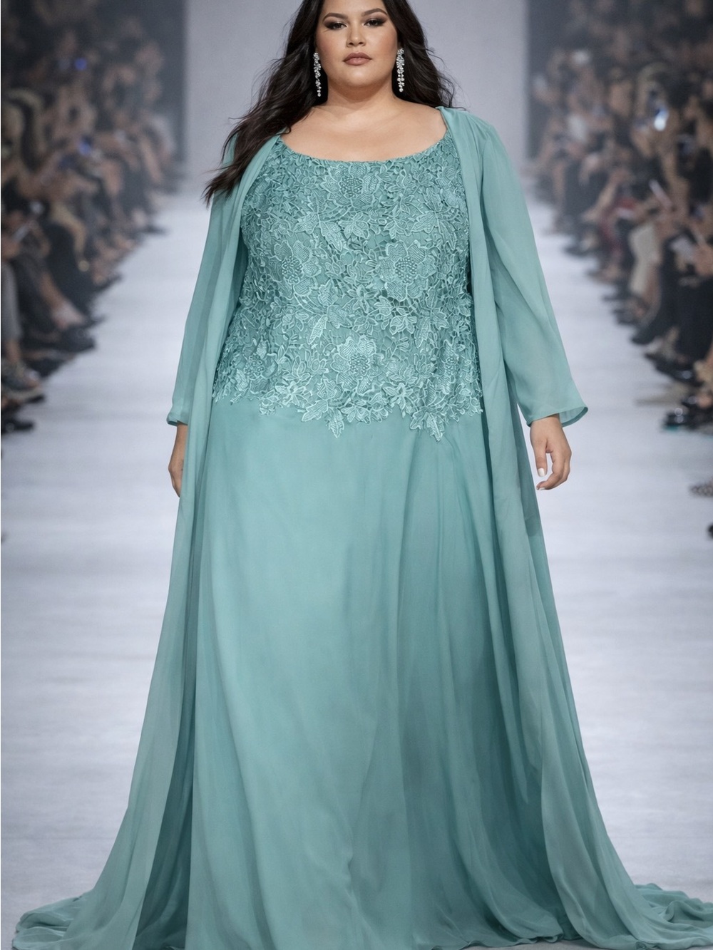 Plus Size Lace Bodice Chiffon Gown in Seafoam